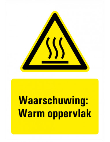 Bord met tekst waarschuwing warm oppervlak, kunststof, W017, ISO 7010, geel zwart, rechthoek, heet oppervlak symbool