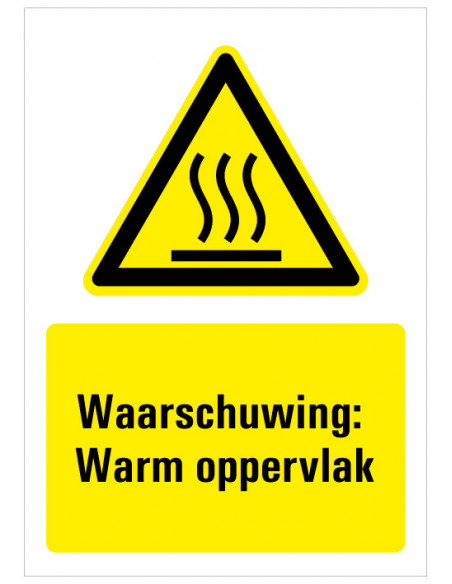 Bord met tekst waarschuwing warm oppervlak, kunststof, W017, ISO 7010, geel zwart, rechthoek, heet oppervlak symbool
