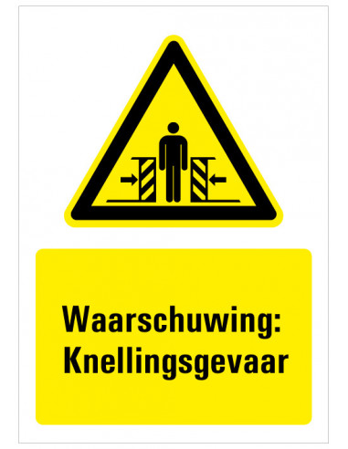 Waarschuwing voor knellingsgevaar sticker met tekst, geel zwart, geplette persoon pictogram, Nederlandse tekstm rechthoek
