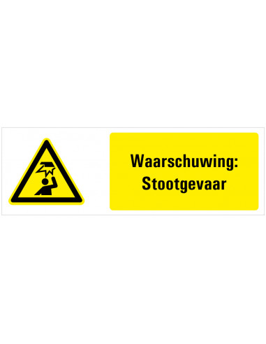 Waarschuwing voor laaghangende obstakels tekststicker, zwart geel wit, rechthoek liggend
