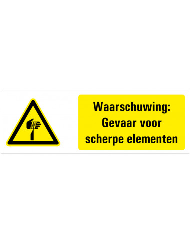 Tekstbord waarschuwing scherpe punten, kunststof, W022, ISO 7010, geel zwart, rechthoek, scherpe punt symbool