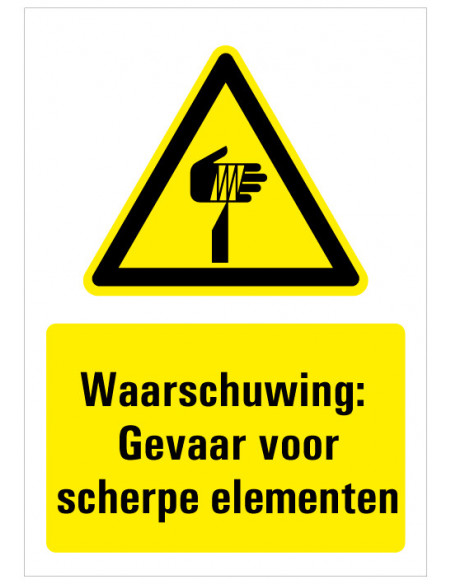 Bord met tekst waarschuwing gevaar voor scherpe punten, kunststof, W022, ISO 7010, geel zwart, scherpe punten symbool