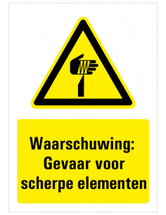Sticker met tekst waarschuwing gevaar voor scherpe punten, W022, ISO 7010, geel zwart, scherpe punt symbool
