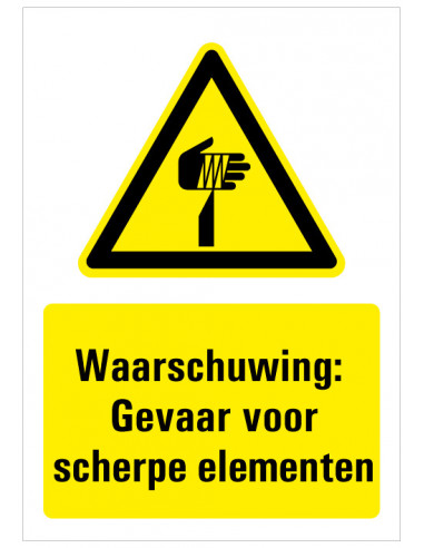 Sticker met tekst waarschuwing gevaar voor scherpe punten, W022, ISO 7010, geel zwart, scherpe punt symbool