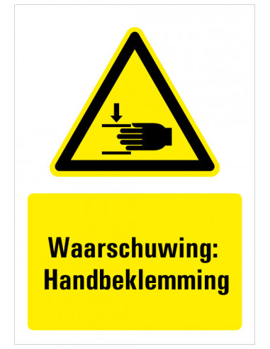 Waarschuwing voor handbeklemming sticker met tekst, zwart geel wit, rechthoek staand