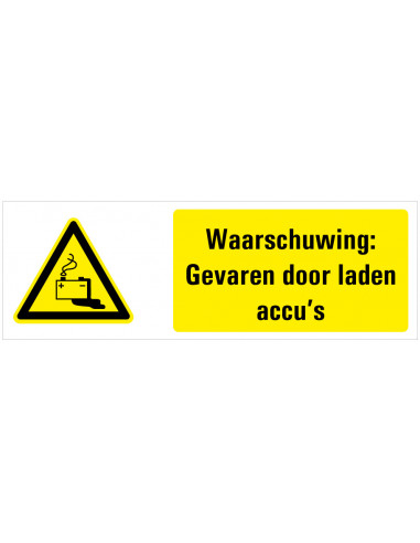 Waarschuwing voor gevaren door laden accu's tekststicker, zwart geel wit, rechthoek liggend