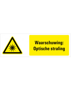 Tekststicker waarschuwing optische straling, W027, ISO 7010, geel zwart, rechthoek, optische straling symbool