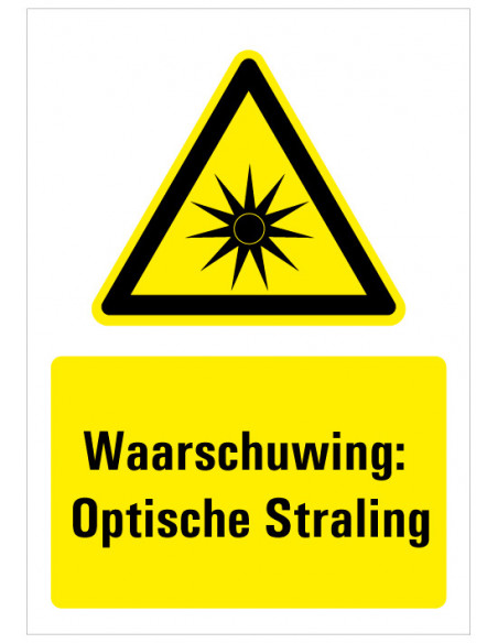 Bord met tekst waarschuwing optische straling, kunststof, W027, ISO 7010, geel zwart, rechthoek, optische straling symbool