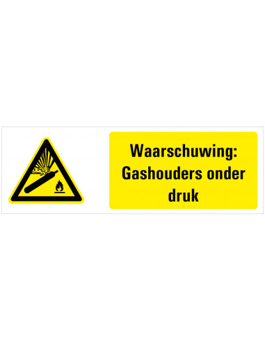 Waarschuwing voor gashouders onder druk tekststicker, zwart geel wit, rechthoek liggend