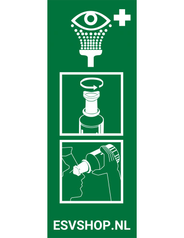 Instructie bord voor oogspoeling, kunststof, 200 x 75 mm, groen wit, rechthoekig