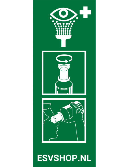 Instructie bord voor oogspoeling, kunststof, 200 x 75 mm, groen wit, rechthoekig