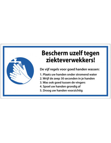 Vijf regels voor goed handen wassen tekstbord, kunststof, blauw wit zwart, symbool handen wassen met Nederlandse tekst