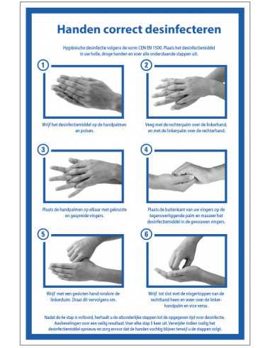 Handen correct desinfecteren tekstbord, kunststof, blauw wit, Nederlandse tekst, rechthoek, pictogrammen