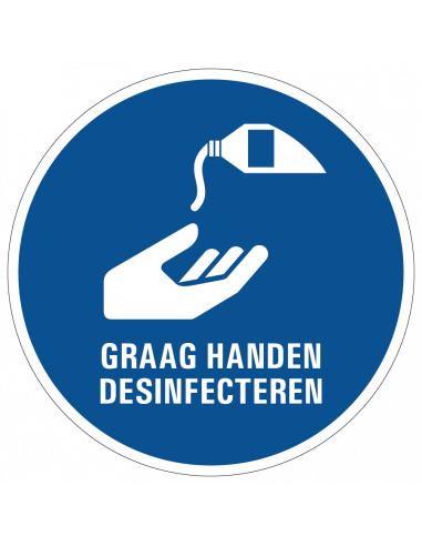 Graag handen desinfecteren sticker, blauw wit, tekst graag handen desinfecteren, rond
