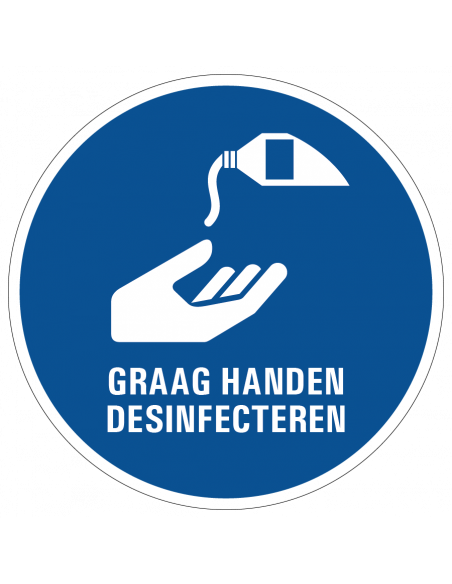Graag handen desinfecteren sticker, blauw wit, tekst graag handen desinfecteren, rond