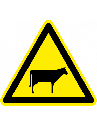 Waarschuwingssticker overstekend vee, koe, geel zwart, driehoek