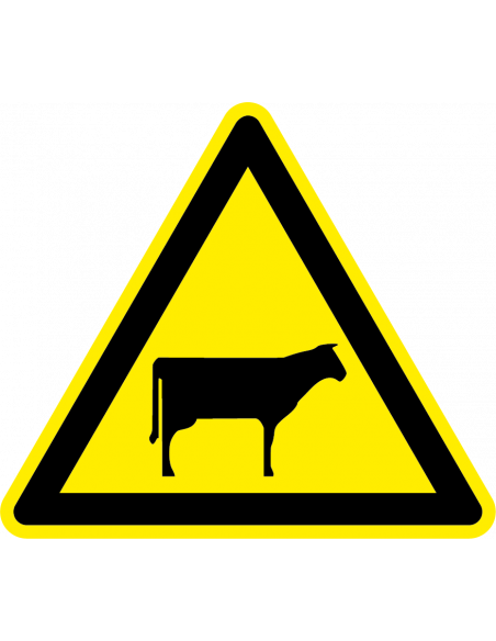 Waarschuwingssticker overstekend vee, koe, geel zwart, driehoek
