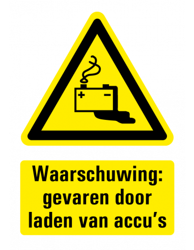 Waarschuwing voor gevaren door laden accu's bord met tekst, zwart geel wit, rechthoek staand