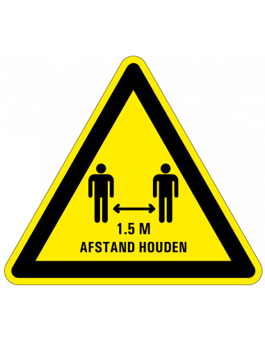 Waarschuwingssticker houd 1,5 meter afstand, driehoek, geel zwart