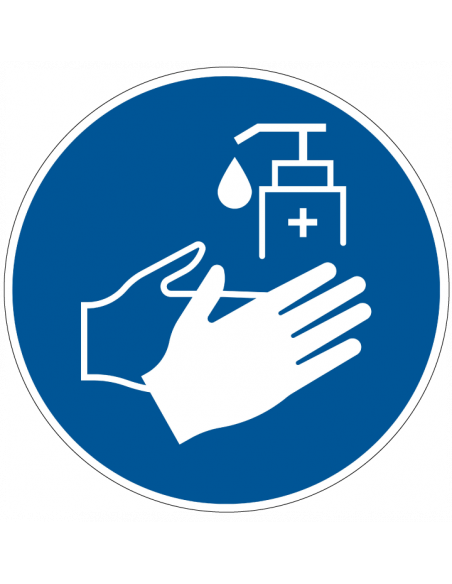 Desinfecterende zeep gebruiken verplicht sticker, blauw wit, rond, pictogram handen met desinfecterende zeep