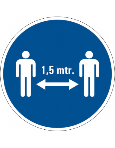 1,5 meter afstand houden verplicht sticker, blauw wit, rond, pictogram 1,5 meter afstand houden verplicht,