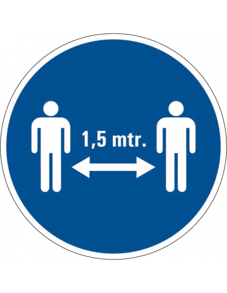 1,5 meter afstand houden verplicht sticker, blauw wit, rond, pictogram 1,5 meter afstand houden verplicht,