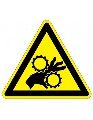 Waarschuwingssticker handbeklemming tandwielen, hand tussen tandwiel in, geel zwart, driehoek