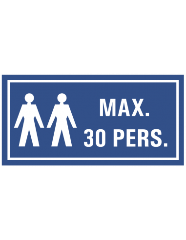 Maximaal 30 personen tekststicker, blauw wit, rechthoek, twee personen symbool met tekst