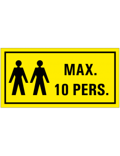 Waarschuwing maximaal 10 personen tekststicker, geel wit, rechthoek, twee personen symbool met tekst