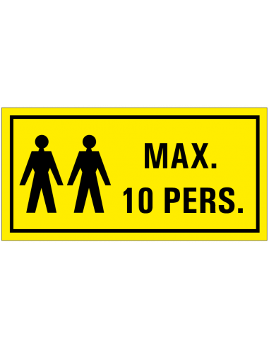 Waarschuwing, max. 10 personen tekstbord, kunststof, geel zwart, vierkant, 10 personen symbool