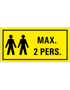 Waarschuwing maximaal 2 personen tekststicker, geel wit, rechthoek, twee personen symbool met tekst