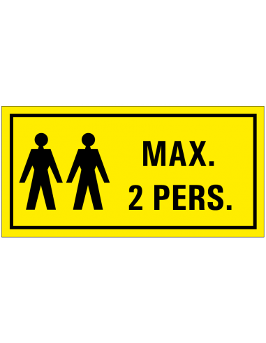Waarschuwing maximaal 2 personen tekststicker, geel wit, rechthoek, twee personen symbool met tekst
