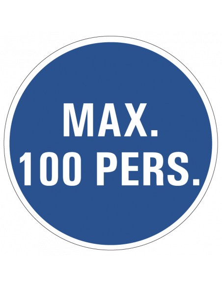 Maximaal 100 personen bord, kunststof, blauw wit, rond gebodsbord