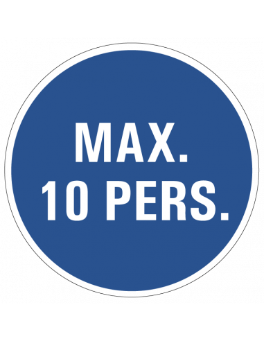 Maximaal 10 personen sticker, rond, blauw wit, maximaal 10 personen pictogram