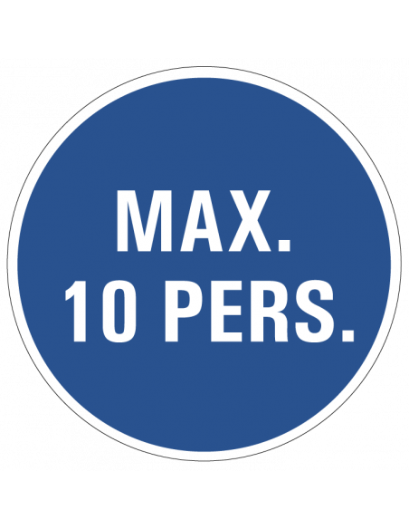 Maximaal 10 personen bord, kunststof, blauw wit, rond, maximaal 10 personen pictogram