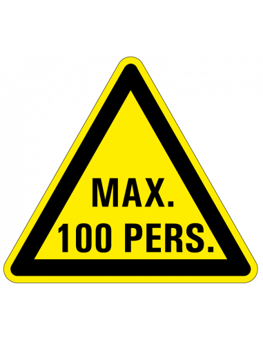 Waarschuwingsbord max. 100 personen, kunststof, driehoek, geel zwart