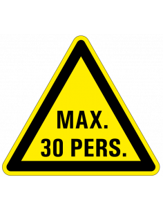 Waarschuwingssticker max. 30 personen, maximaal, driehoek, geel zwart