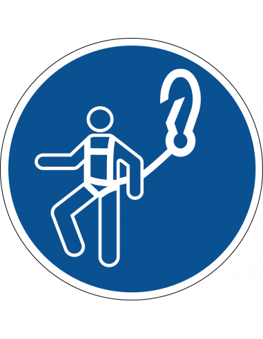 Karabijnhaak gebruiken verplicht sticker, blauw wit, rond, pictogram persoon aan karabijnhaak