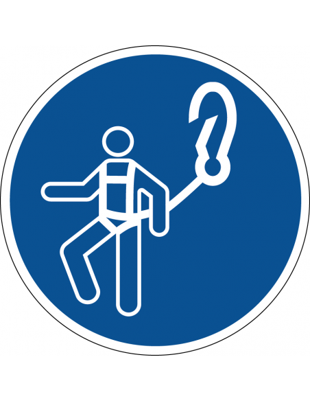 Karabijnhaak gebruiken verplicht sticker, blauw wit, rond, pictogram persoon aan karabijnhaak