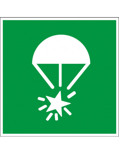 Noodsignaal parachute bord, kunststof, E049, groen wit, symbool parachute, wit ster, vierkant, ISO 7010
