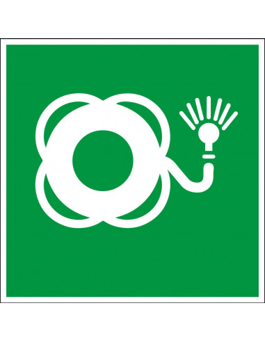 Reddingsboei met licht bord, kunststof, E042, ISO 7010,  groen wit, vierkant, reddingsboei met licht pictogram