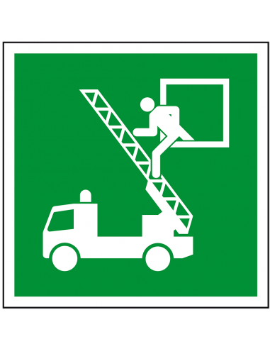Reddingsuitgang raam bord, kunststof, E017, ISO 7010, vierkant, groen wit, reddingsuitgang raam pictogram