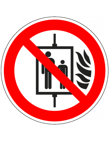 Lift niet gebruiken bij brand sticker, ISO 7010, P020, rood wit, pictogram lift niet gebruiken bij brand, rond