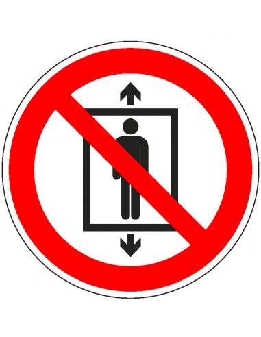 Lift voor personen verboden sticker, ISO 7010, P027, rood wit, rond, symbool persoon in lift