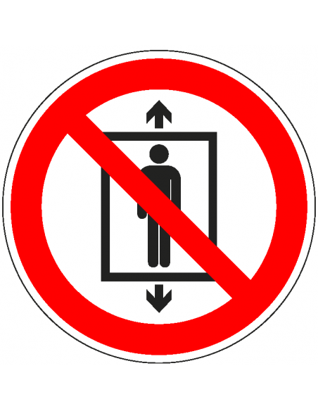 Lift voor personen verboden sticker, ISO 7010, P027, rood wit, rond, symbool persoon in lift