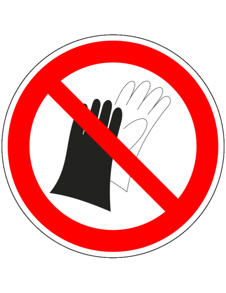Verboden handschoenen te gebruiken sticker, ISO 7010, P028, rood wit, rond, handschoenen symbool