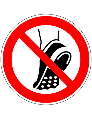Schoeisel met metalen noppen verboden sticker, ISO 7010, P035, rood wit, rond, schoen met noppen symbool