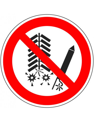 Verboden voor afsteken vuurwerk sticker, ISO 7010, P040, rood wit, rond, vuurwerk symbool