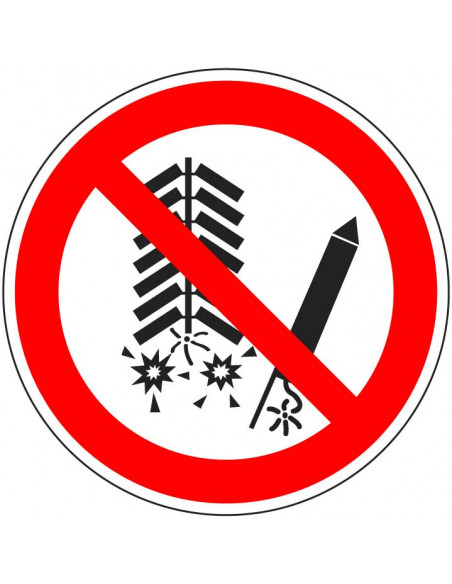 Verboden voor afsteken vuurwerk sticker, ISO 7010, P040, rood wit, rond, vuurwerk symbool