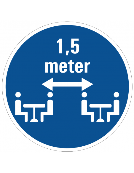 Zittend 1,5 meter afstand houden sticker, blauw wit, rond, personen zittend 1,5 meter uit elkaar pictogram